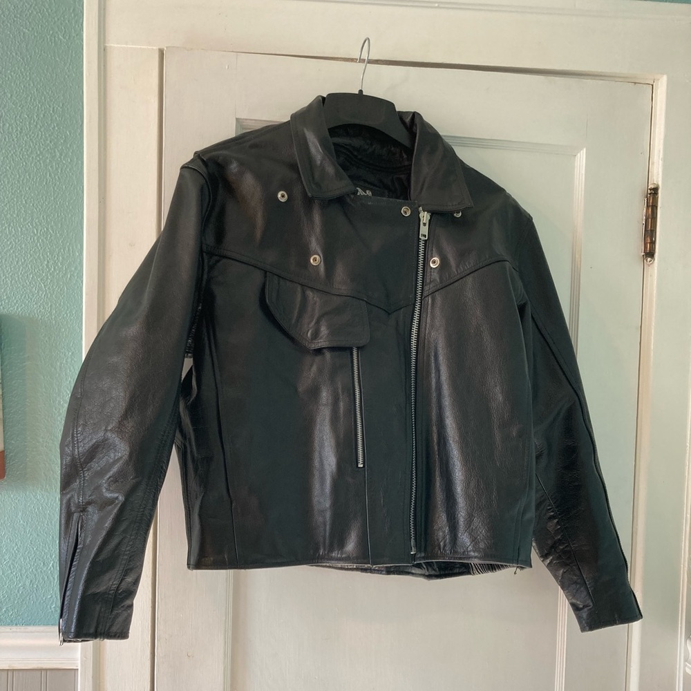 Black leather biker riding jacket